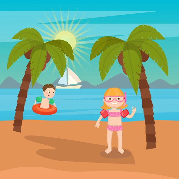 Vacaciones en el mar para niños. Chicas y niños jugando en la playa. Ilustración vectorial — Vector de stock