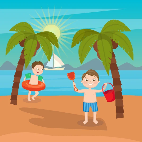 Детский морской отпуск. Мальчики играют на пляже. Векторная иллюстрация — стоковый вектор