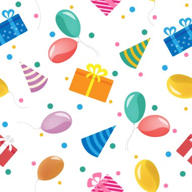 Hediye Kutuları ve Balonlar ile Happy Birthday Dikişsiz Desen. Vektör Arka Planı