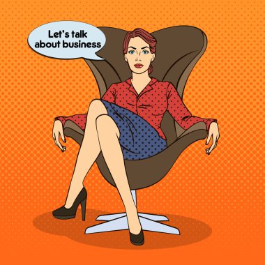 Başarılı İş Kadını. Lüks Sandalyede Oturan Kadın. Pop Art. Vektör çizimi