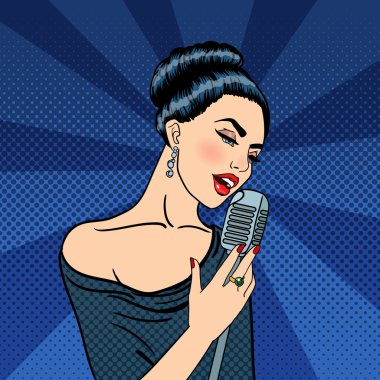 Şarkı söyleyen kadın. Mikrofonlu Güzel Genç Kadın. Pop Art. Vektör çizimi