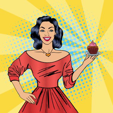 Güzel Kadın Pasta ile Bir Tabak Tutan. Cupcake'li ev hanımı. Pop Art. Vektör çizimi