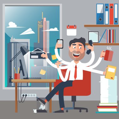Ofiste Çoklu Görev İş Adamı. Happy Man Ofis Görevleri Yapıyor Altı Arms vardır. Vektör çizimi