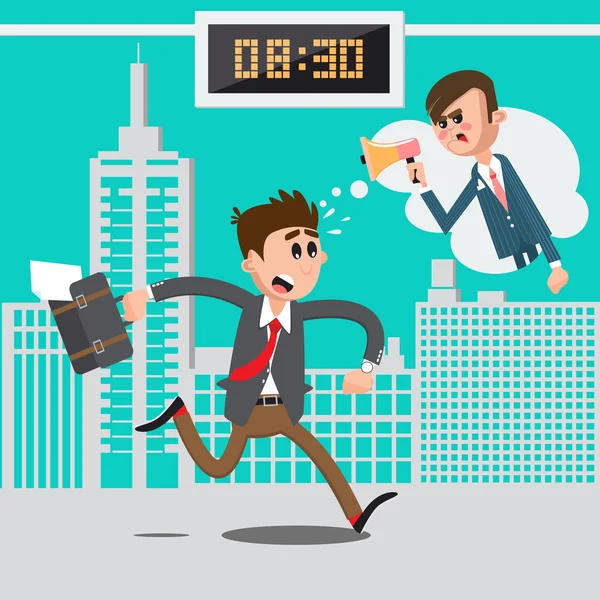 Üzletember késő Work. Dühös Boss Screaming a Megaphone. Ember siet dolgozni. Vektoros illusztráció — Stock Vector