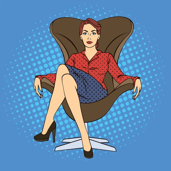 Mulher de negócios de sucesso. Mulher sentada em cadeira de luxo. Pop Art. Ilustração vetorial —  Vetores de Stock