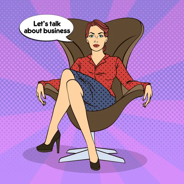 성공적인 비즈니스 우먼. 럭셔리 의자에 앉아 있는 여자. 팝 아트. 벡터 일러스트레이션 — 스톡 벡터