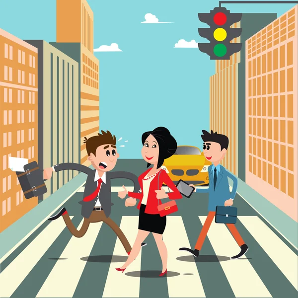 Gente en el Crosswalk. Empresario, apresúrate a trabajar. Ilustración vectorial — Archivo Imágenes Vectoriales