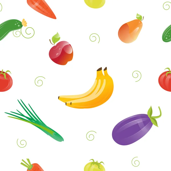 Patrón de alimentos frescos sin costura con diferentes frutas y verduras. Fondo vectorial — Archivo Imágenes Vectoriales
