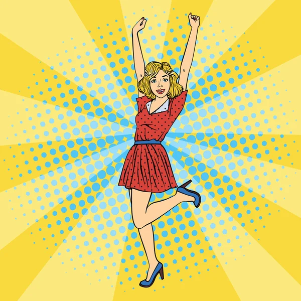 Happy Woman. Young Beautiful Woman with Raised Hands Up. Pop Art. Vector illustration — 스톡 벡터