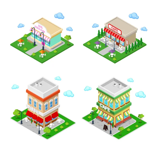Isometric City. City Cafe with Tables and Trees. Vector illustration — Stock Vector