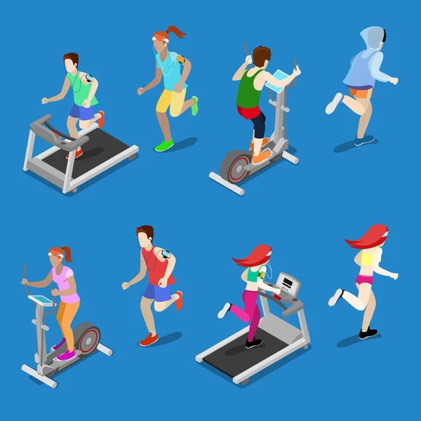 Isometrische mensen. Man en vrouw lopen op de loopband in de sportschool. Actieve mensen. Vector illustratie — Stockvector