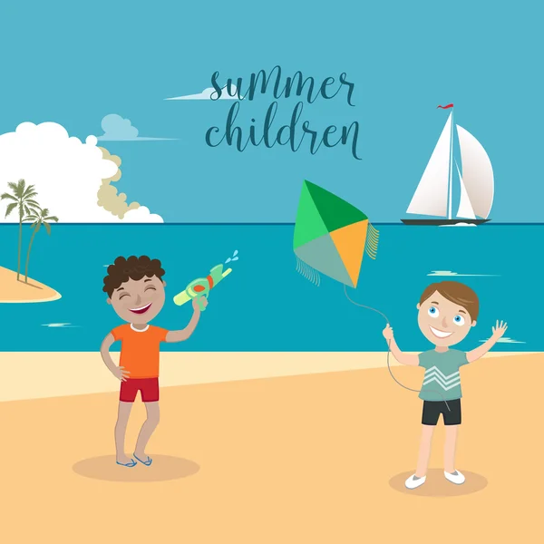 Vacaciones en el mar para niños. Chicos jugando en la playa. Ilustración vectorial — Archivo Imágenes Vectoriales