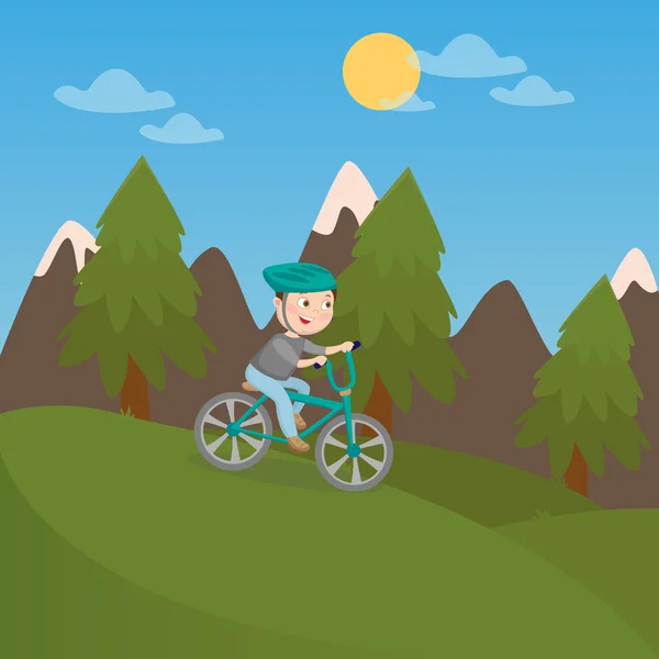Счастливый мальчик на велосипеде в горах. Отпуск детей. Векторная иллюстрация — стоковый вектор