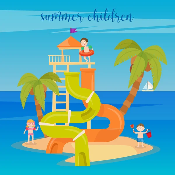 Parque Aquático Férias de Verão. Happy Children on the Sea. Ilustração vetorial — Vetor de Stock