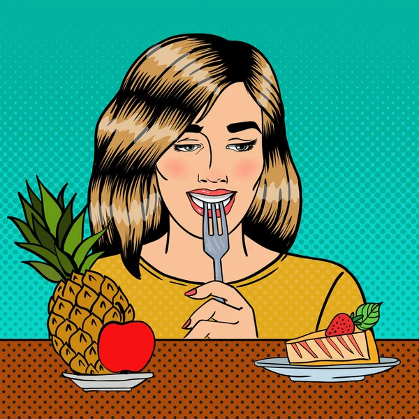 Mulher bonita escolhendo comida entre frutas e cheesecake. Pop Art. Ilustração vetorial — Vetor de Stock