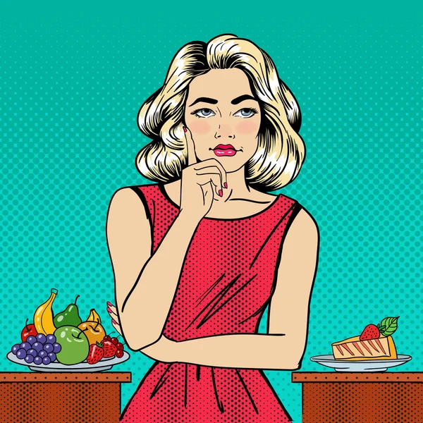 Mooie vrouw die eten kiest tussen fruit en cheesecake. Pop art. Vector illustratie — Stockvector