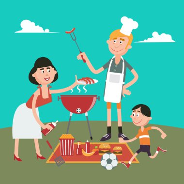 Aile Hafta sonu. Mutlu Aile Piknikte Barbekü Yapıyor. Vektör çizimi