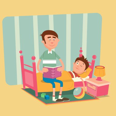 Baba İyi Bir Gece İçin Oğluna Kitap Okuyor. Vektör çizimi