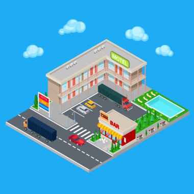 Park Bölgesi, Bar ve Yüzme Havuzu ile Isometric Motel. Modern Road Oteli. Vektör çizimi