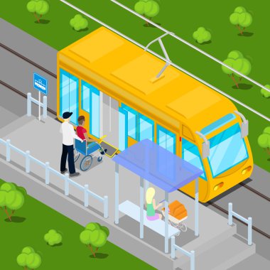 Tramvay Sürücüsü Tekerlekli Sandalyedeki Adamın Vagona Girmesini Devre Dışı Bırakmış. Engellilik Biyometrik Kişiler. Vektör çizimi