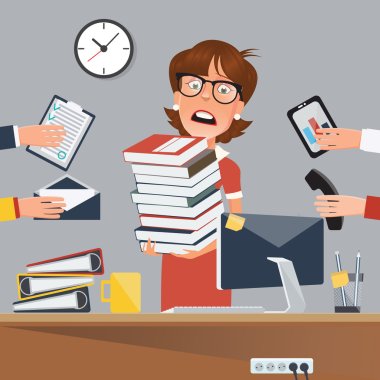 Stressed Business Woman with Documents in Office. Vector illustration clipart