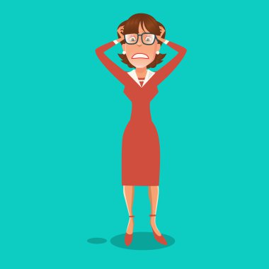 Bir baş ağrısı olan iş kadını vurguladı. Vektör çizim