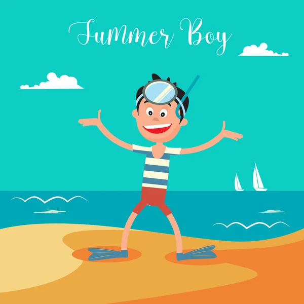 Happy Boy in Mask pour la plongée en vacances d'été à la plage. Illustration vectorielle — Image vectorielle