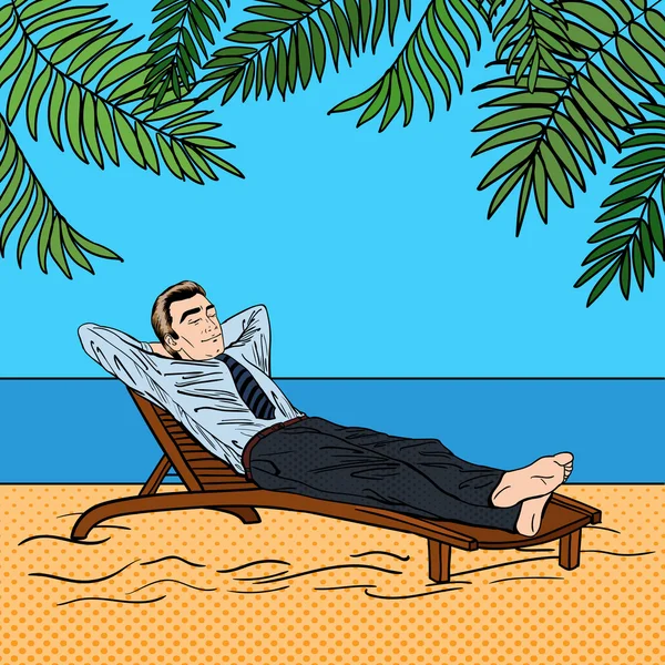 Empresario Relajándose en la playa. Hombre de vacaciones tropicales. Arte Pop. Ilustración vectorial — Vector de stock
