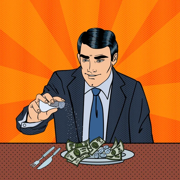 Rich Greedy Businessman Salts Money in the Plate. Pop Art. Ilustração vetorial — Vetor de Stock