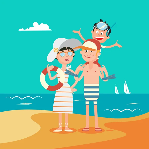 Семейные летние каникулы. Счастливая семья на море. Векторная иллюстрация — стоковый вектор