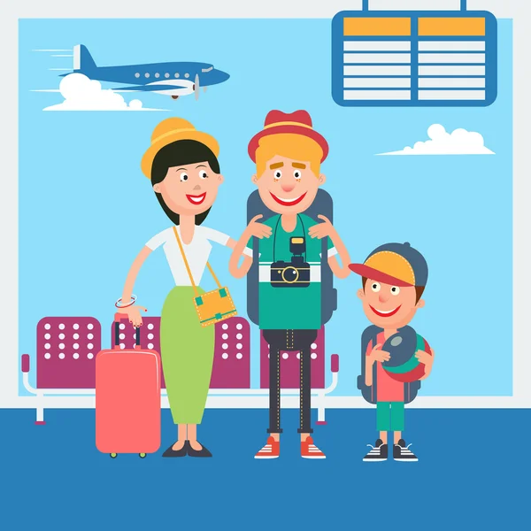 Gelukkige familie vakantie. Jonge familie wachten tot vertrek in de luchthaven. Vectorillustratie — Stockvector