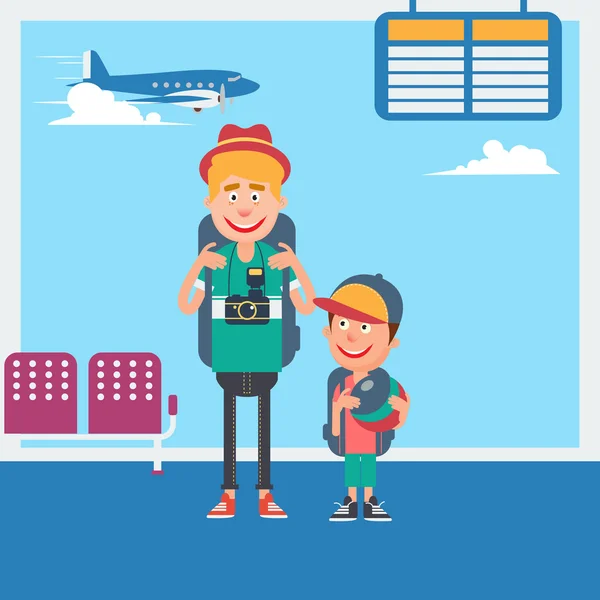 Vader en zoon wachten om te vertrekken naar de vakantie in de luchthaven. Vector illustratie — Stockvector