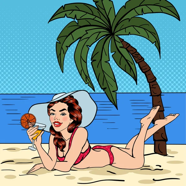 Paradis tropical. Femme avec un cocktail sur la plage. Pop Art. Illustration vectorielle — Image vectorielle