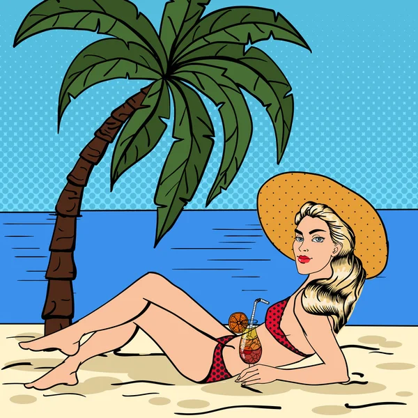 Тропический рай. Женщина с коктейлем на пляже. Поп-арт Векторная иллюстрация — стоковый вектор
