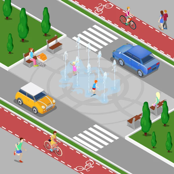 Moderne stad isometrische concept. Stads fontein met kinderen. Fietspad met Rijmensen. Vector illustratie — Stockvector