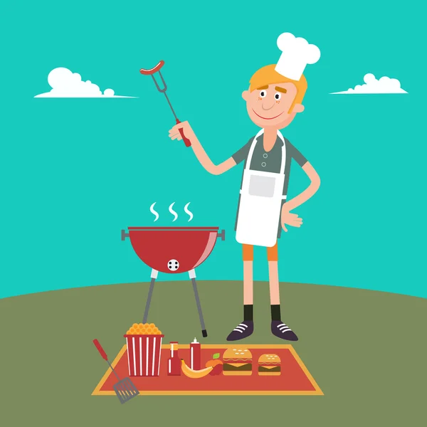 Man doet barbecue op picknick. Zomer Grill partij. Vector illustratie — Stockvector