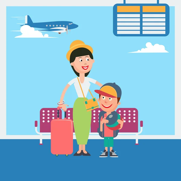 Moeder en zoon wachten om te vertrekken naar de vakantie in de luchthaven. Vector illustratie — Stockvector