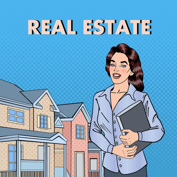 Mulher agente imobiliária. Broker feminino perto de New House. Pop Art. Ilustração vetorial —  Vetores de Stock