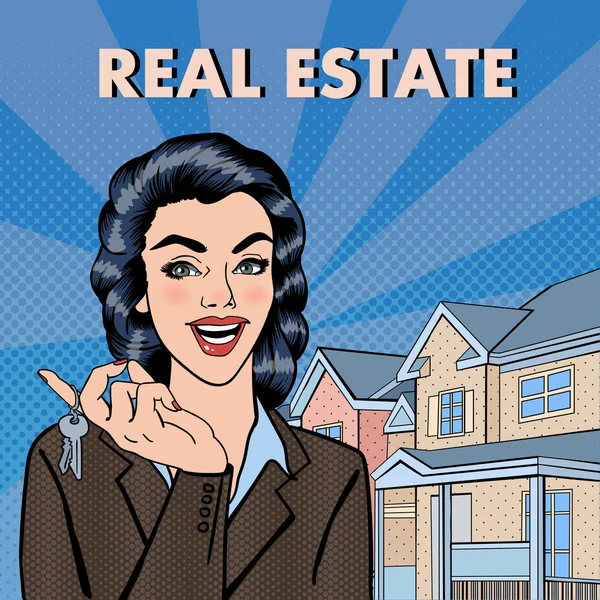 Wanita Real Estate Agent Holding Keys dari New House. Seni Pop. Ilustrasi vektor - Stok Vektor