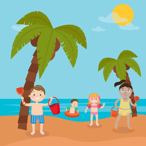 Kinderen zee vakantie. Jongens en meisjes spelen en zwemmen op het strand. Vectorillustratie — Stockvector