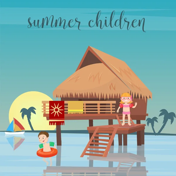 Děti moře dovolená. Dívka a chlapec v plážových bungalovů. Vektorové ilustrace — Stockový vektor