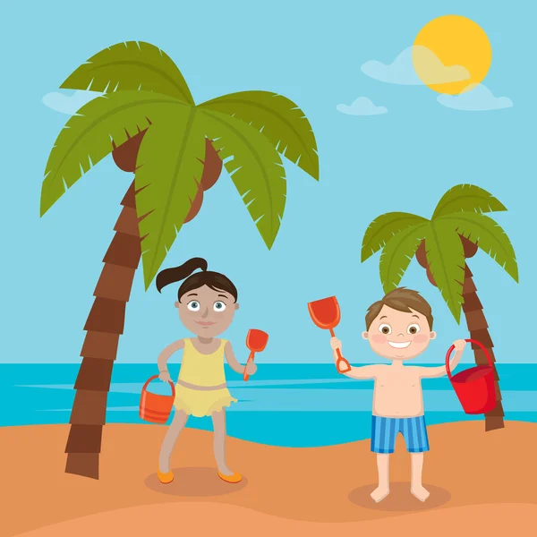 Vacaciones en el mar para niños. Chica y niño jugando en la playa. Ilustración vectorial — Archivo Imágenes Vectoriales