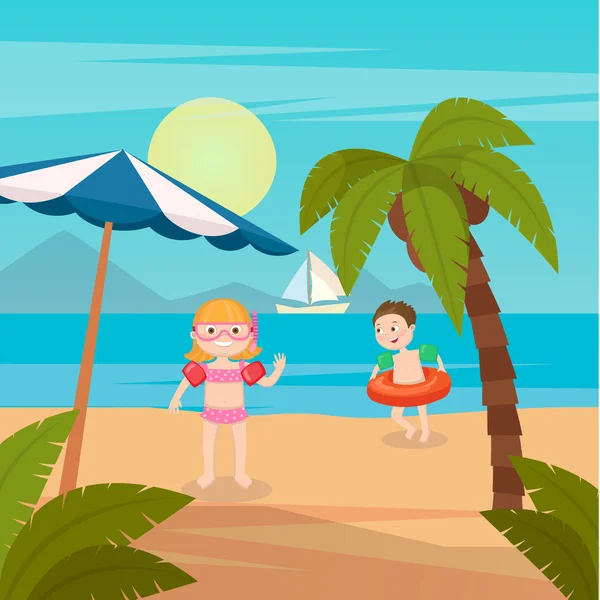 Kinderen zee vakantie. Meisje en jongen zwemmen aan het strand. Vectorillustratie — Stockvector