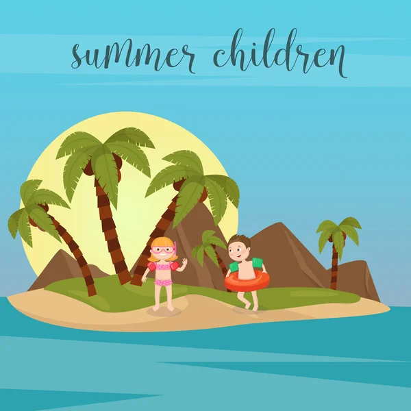 Vacaciones en el mar para niños. Chica y niño nadando en la playa. Ilustración vectorial — Vector de stock