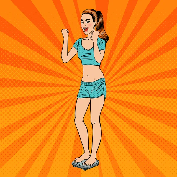 Mujer joven feliz en básculas de pesaje. Chica Deportiva. Arte Pop. Ilustración vectorial — Vector de stock