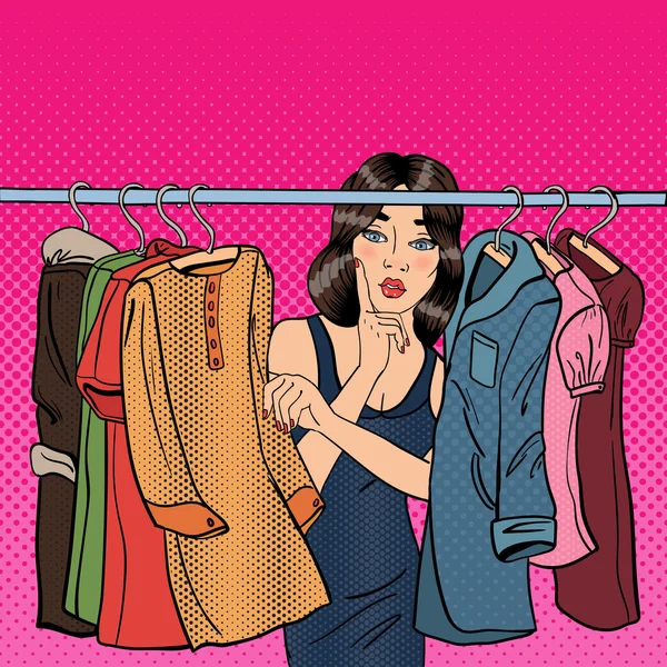 Hermosa joven mujer eligiendo ropa en su armario. Arte Pop. Ilustración vectorial — Vector de stock