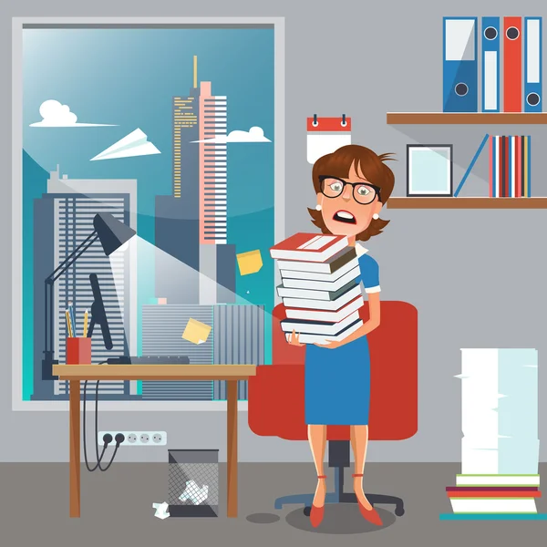 Stressed Business Woman with Documents in Office. Vector illustration — Stock Vector