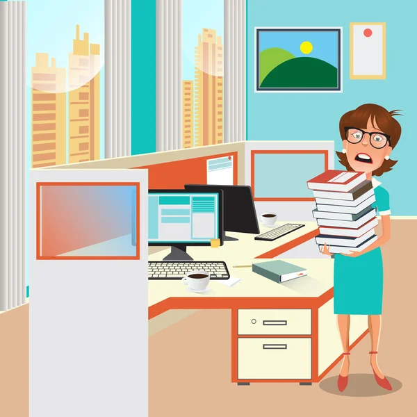 Стрессовая деловая женщина с документами в офисе. Векторная иллюстрация — стоковый вектор