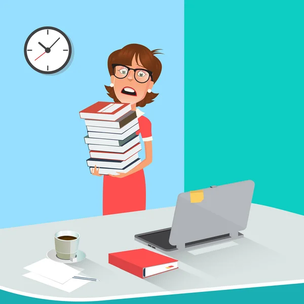 Stressed Business Woman with Documents in Office. Vector illustration — Stock Vector