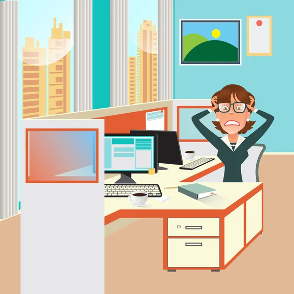 Stressed Business Woman with Documents in Office Work Place. Vector illustration — Stock Vector